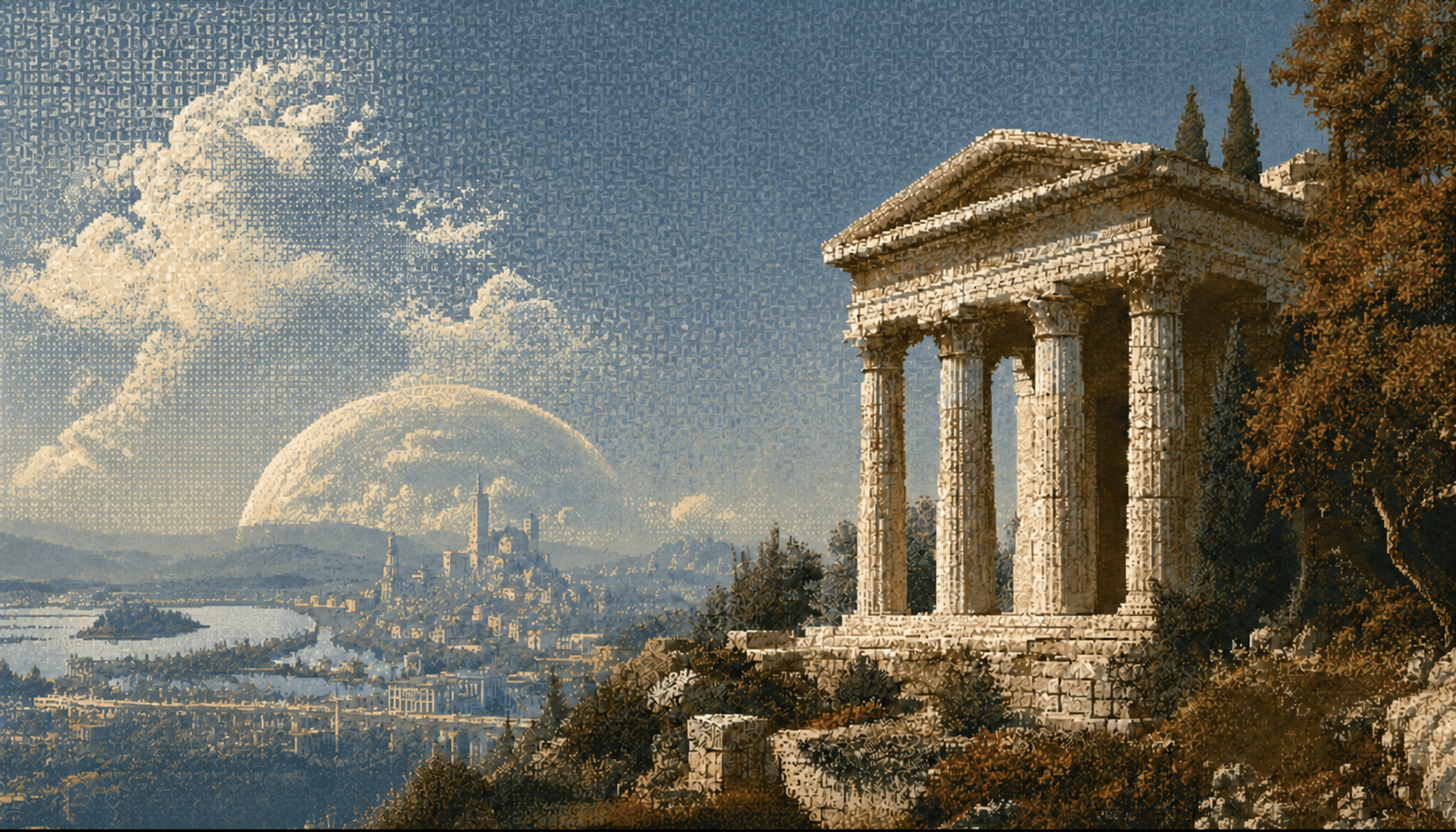 Pixel-dithered classical temple overlooking a city